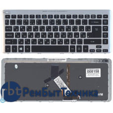Клавиатура для ноутбука Acer Aspire V5-471 V5-431 M5-481T черная с серебристой рамкой, с подсветкой Клавиатура для ноутбука Acer Aspire V5-471 V5-431 M5-481T черная с серебристой рамкой, с подсветкой